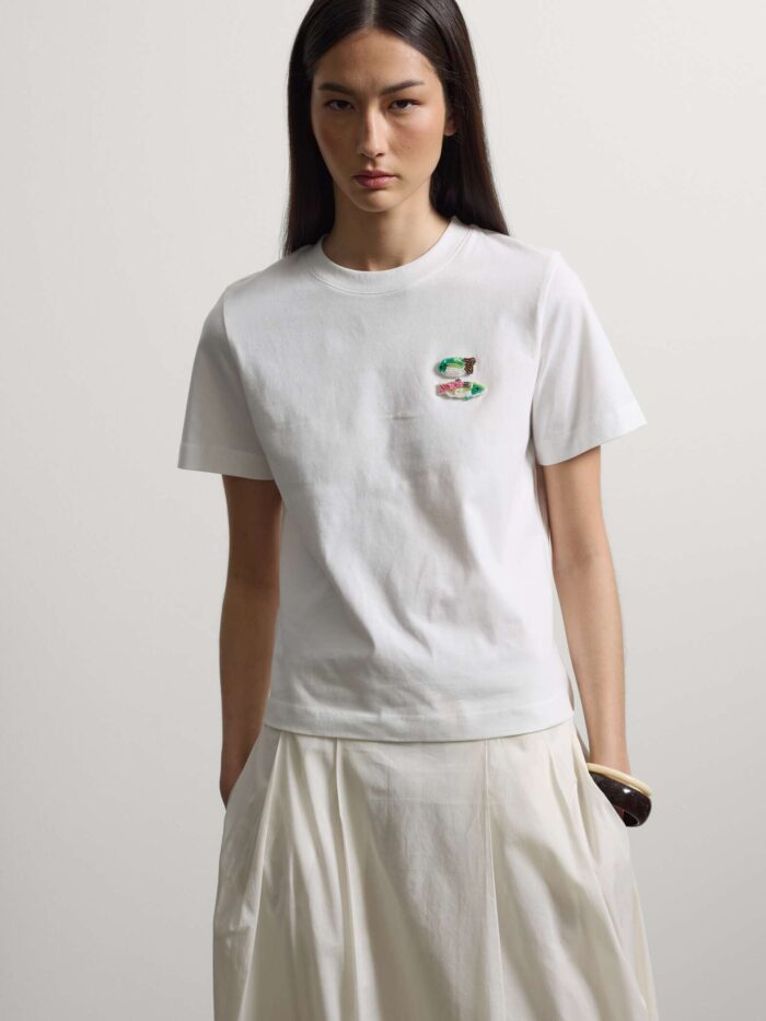 STEFANEL Regular-fit pure cotton T-shirt with beaded fish White - Image 2