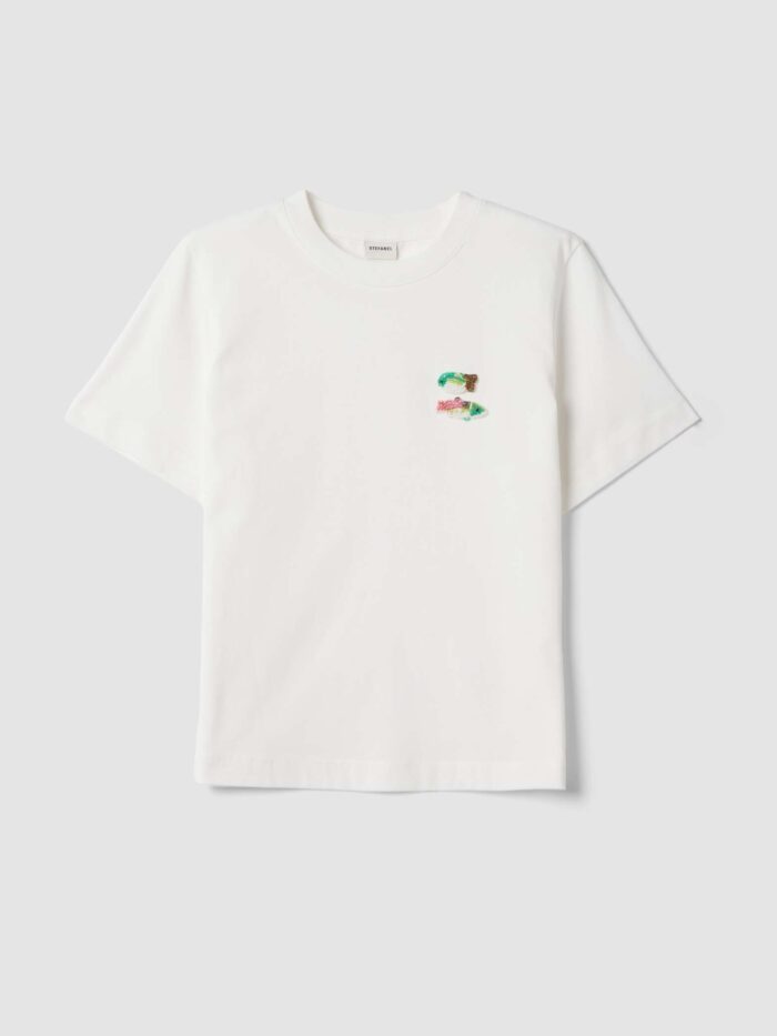 STEFANEL Regular-fit pure cotton T-shirt with beaded fish White - Image 6
