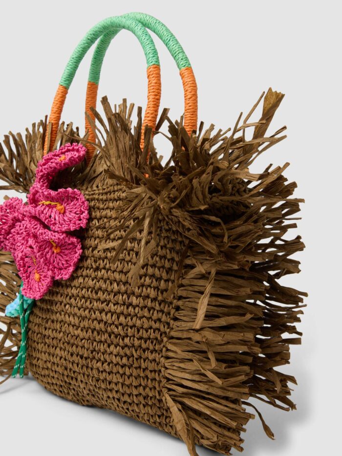 STEFANEL  shopper bag in pure paper fabric with fringes and flower Brown - Image 2