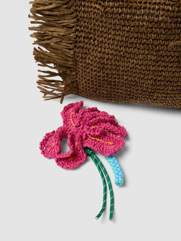 STEFANEL  shopper bag in pure paper fabric with fringes and flower Brown - Image 3