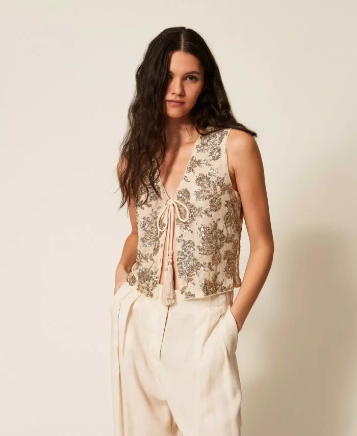 ACTITUDE Tulle waistcoat with sequins Beige - Image 2