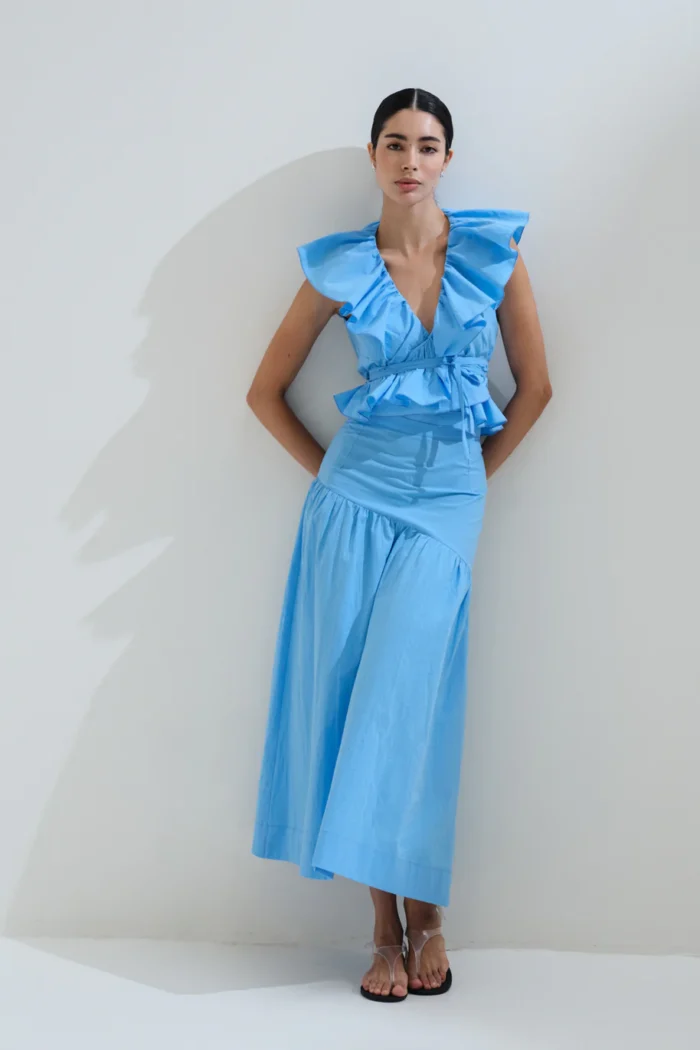 CHICARD Round neck blouse with ruffles Ciel - Image 2