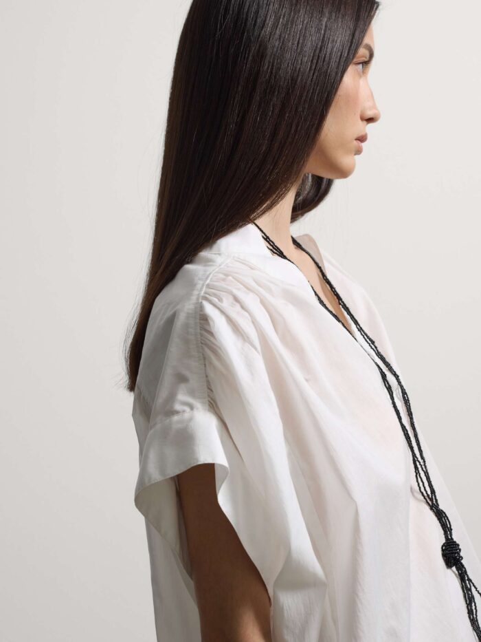 STEFANEL Blouse in pure cotton, oversized fit, with V-neck and gathers White - Image 2