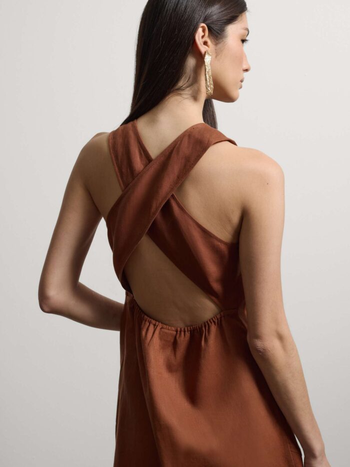 STEFANEL sleeveless midi dress in pure linen, regular fit Brown - Image 2