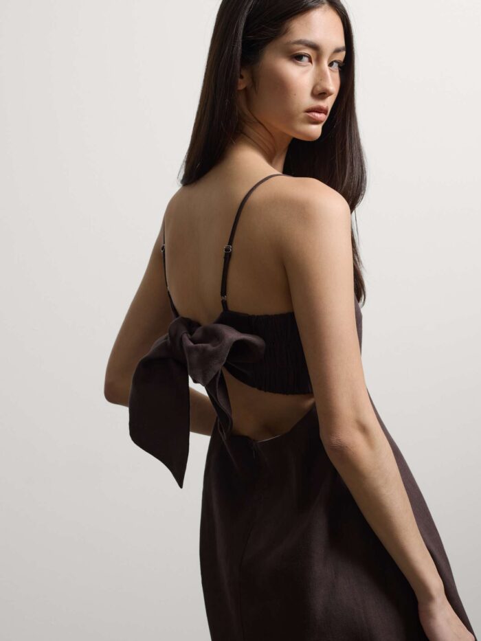 STEFANEL Midi dress in pure linen with thin shoulder straps Brown - Image 2