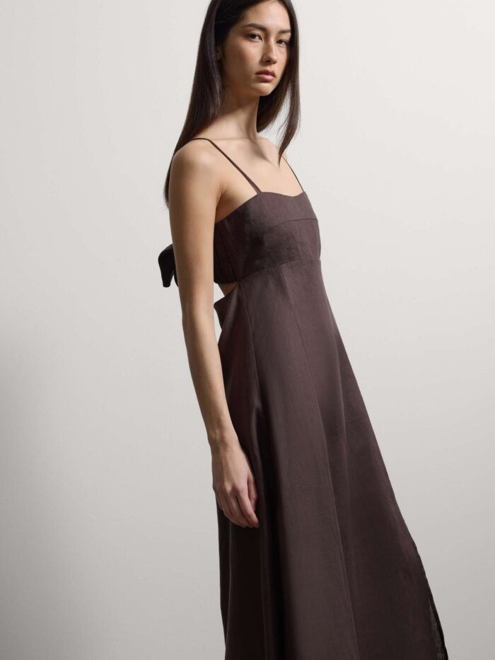 STEFANEL Midi dress in pure linen with thin shoulder straps Brown - Image 3
