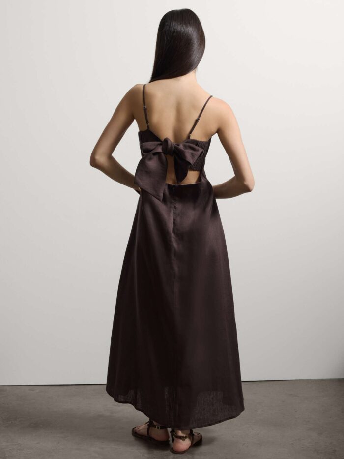 STEFANEL Midi dress in pure linen with thin shoulder straps Brown - Image 4