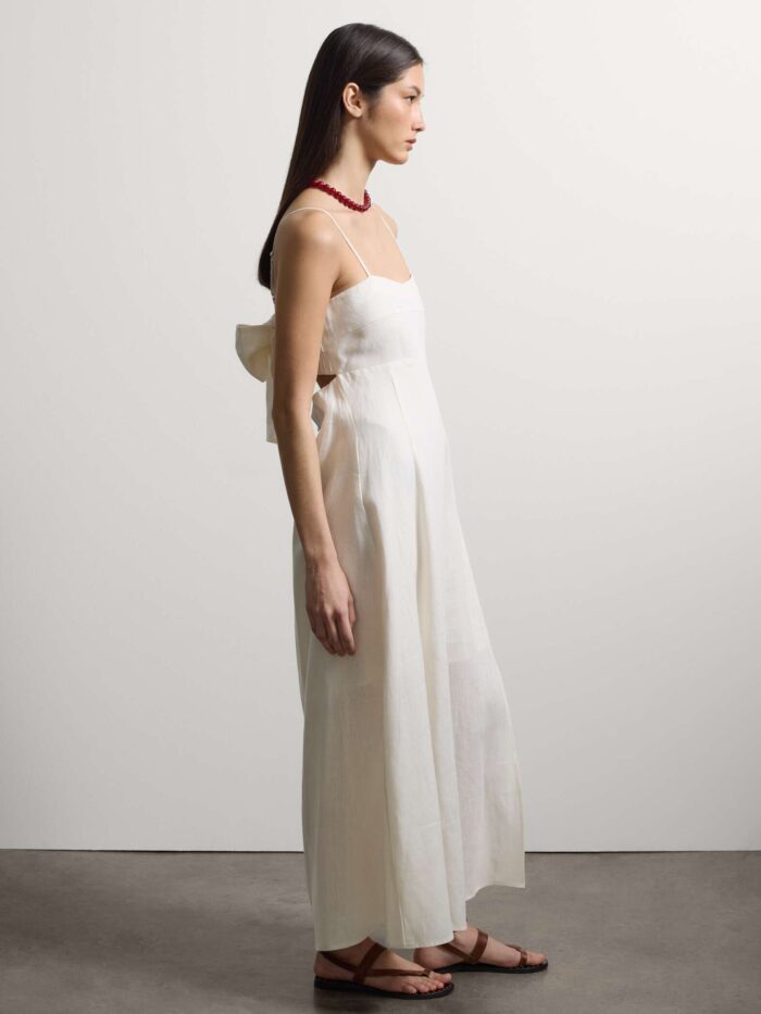 STEFANEL Midi dress in pure linen with thin shoulder straps White - Image 4