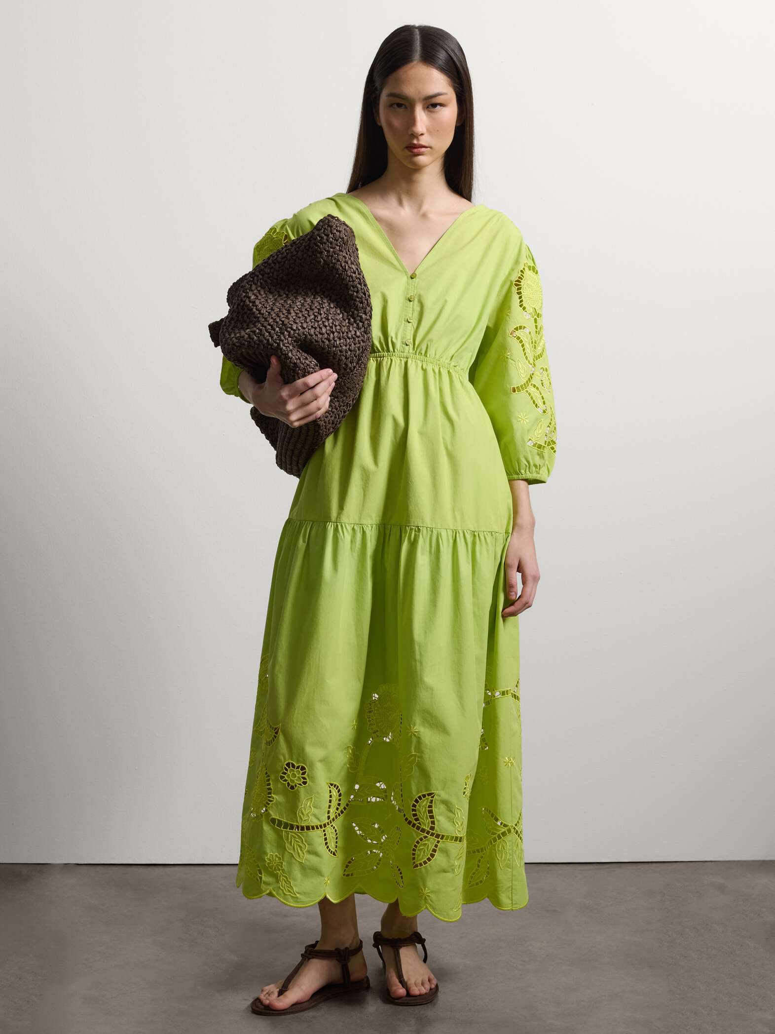 003571132_SL STEFANEL Regular-fit midi dress in pure cotton with Sangallo embroidery Green - Image 1