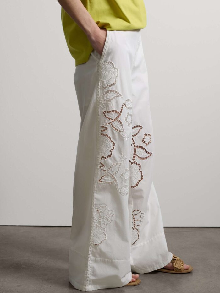 STEFANEL Wide-leg trousers in pure cotton with openwork embroidery White - Image 3