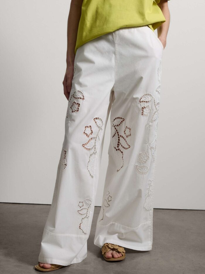 STEFANEL Wide-leg trousers in pure cotton with openwork embroidery White - Image 2