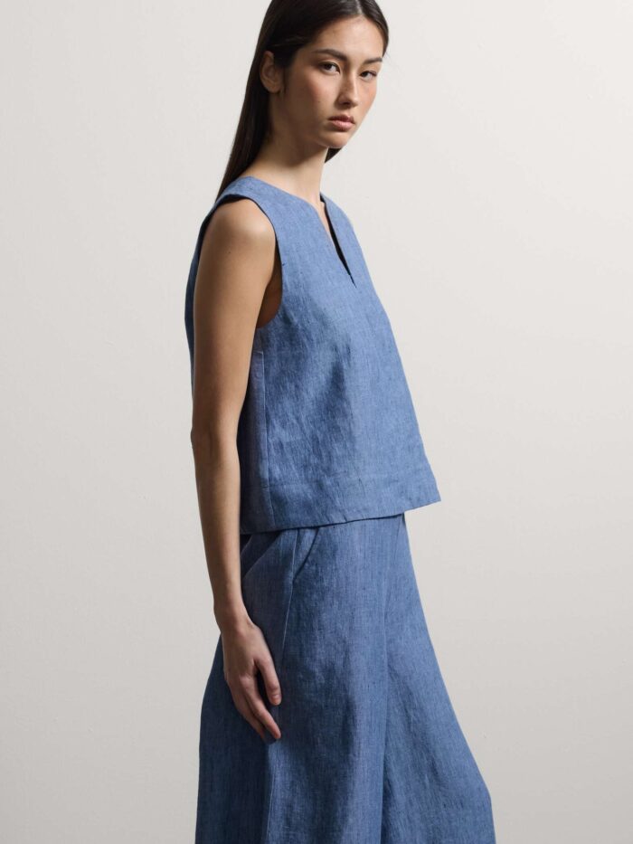 STEFANEL Oversized fit sleeveless pure linen denim blouse Blue - Image 2