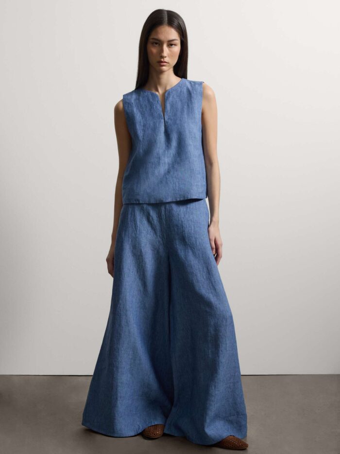 STEFANEL Oversized fit sleeveless pure linen denim blouse Blue - Image 5