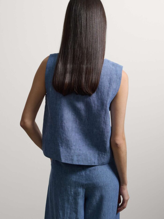 STEFANEL Oversized fit sleeveless pure linen denim blouse Blue - Image 6