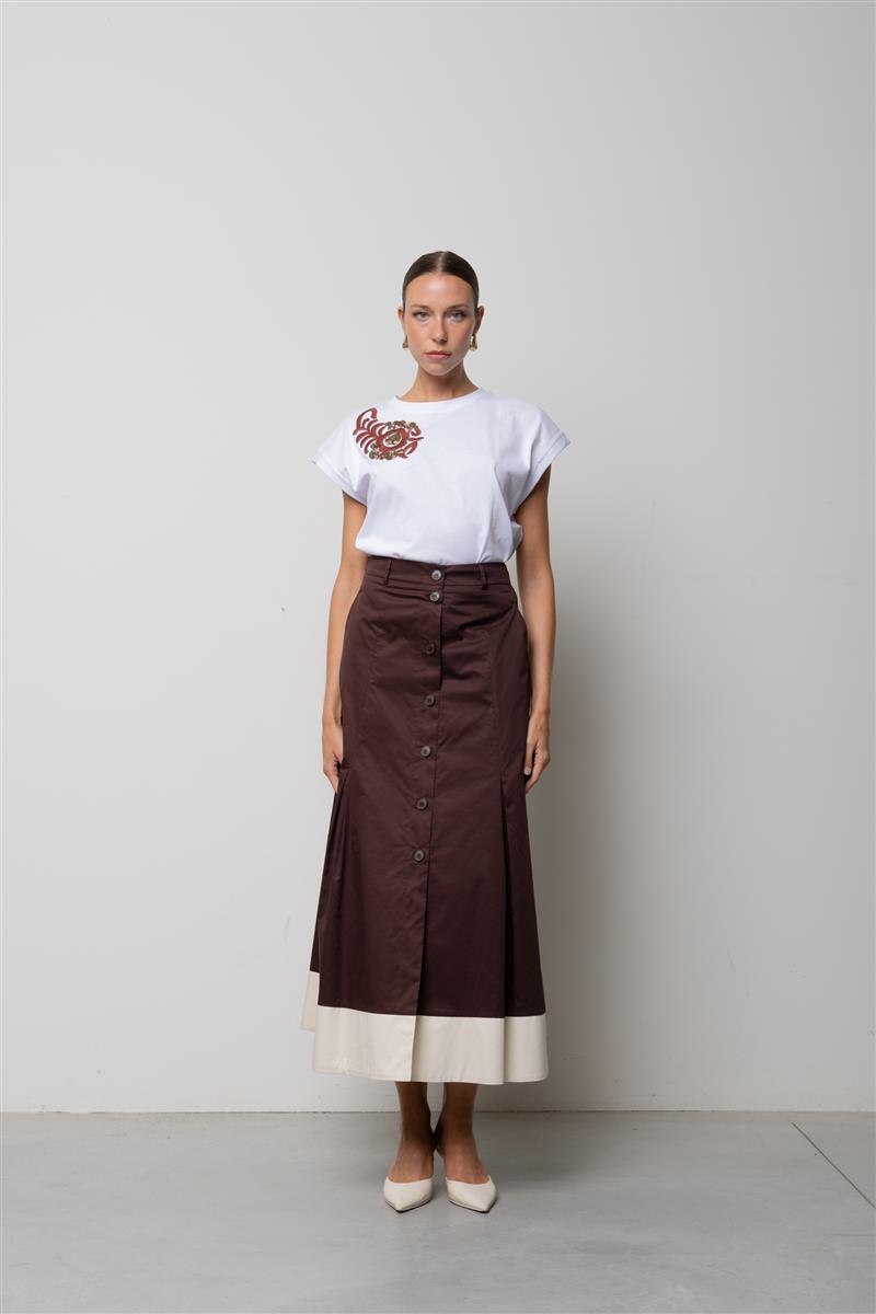 6044209203SP1MR016_1 KAOS by ICONA Two-tone cotton midi skirt Brown - Image 1