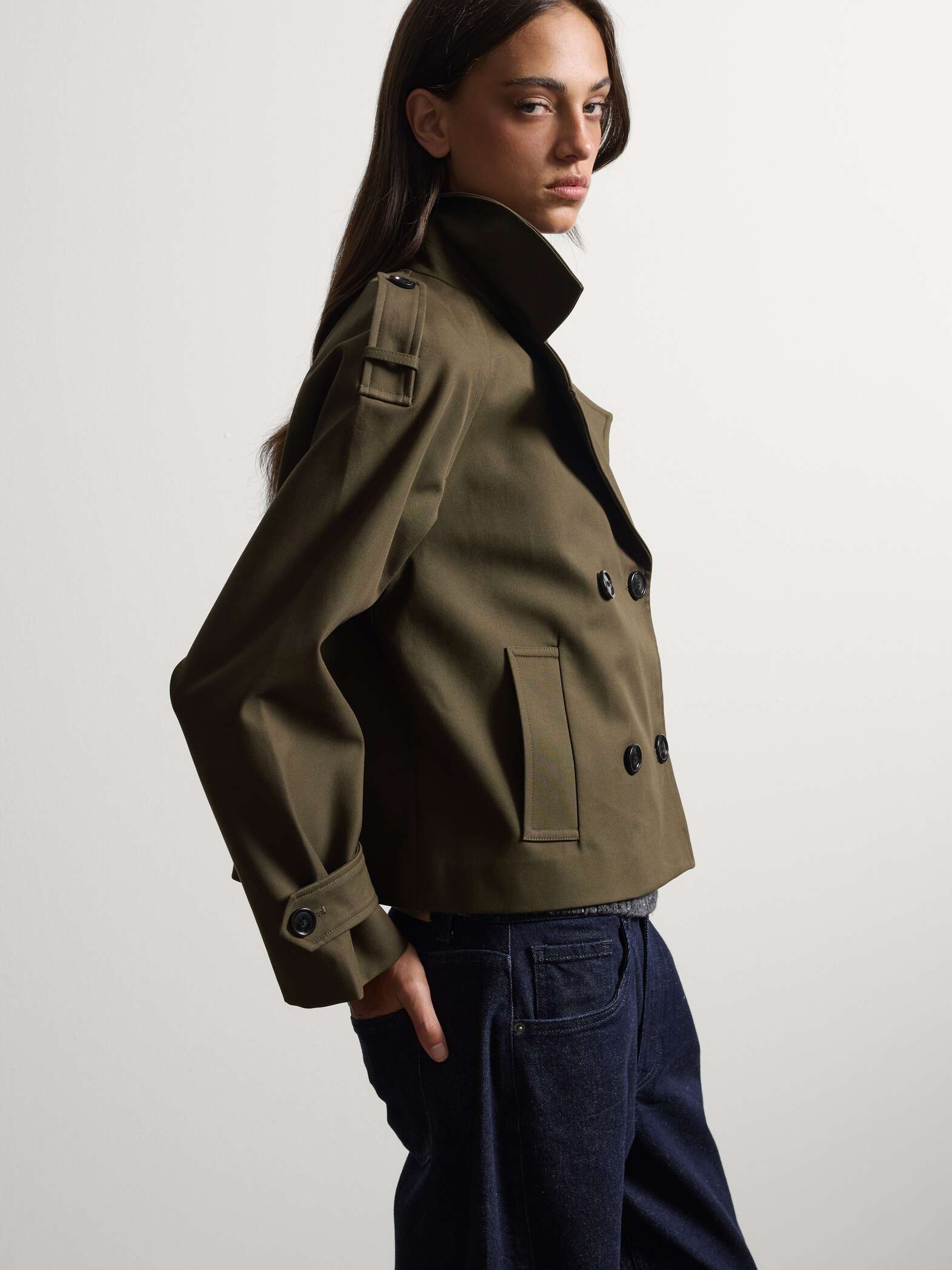 003571482_SD1 STEFANEL Double-breasted pure cotton jacket, regular fit Army green - Image 1