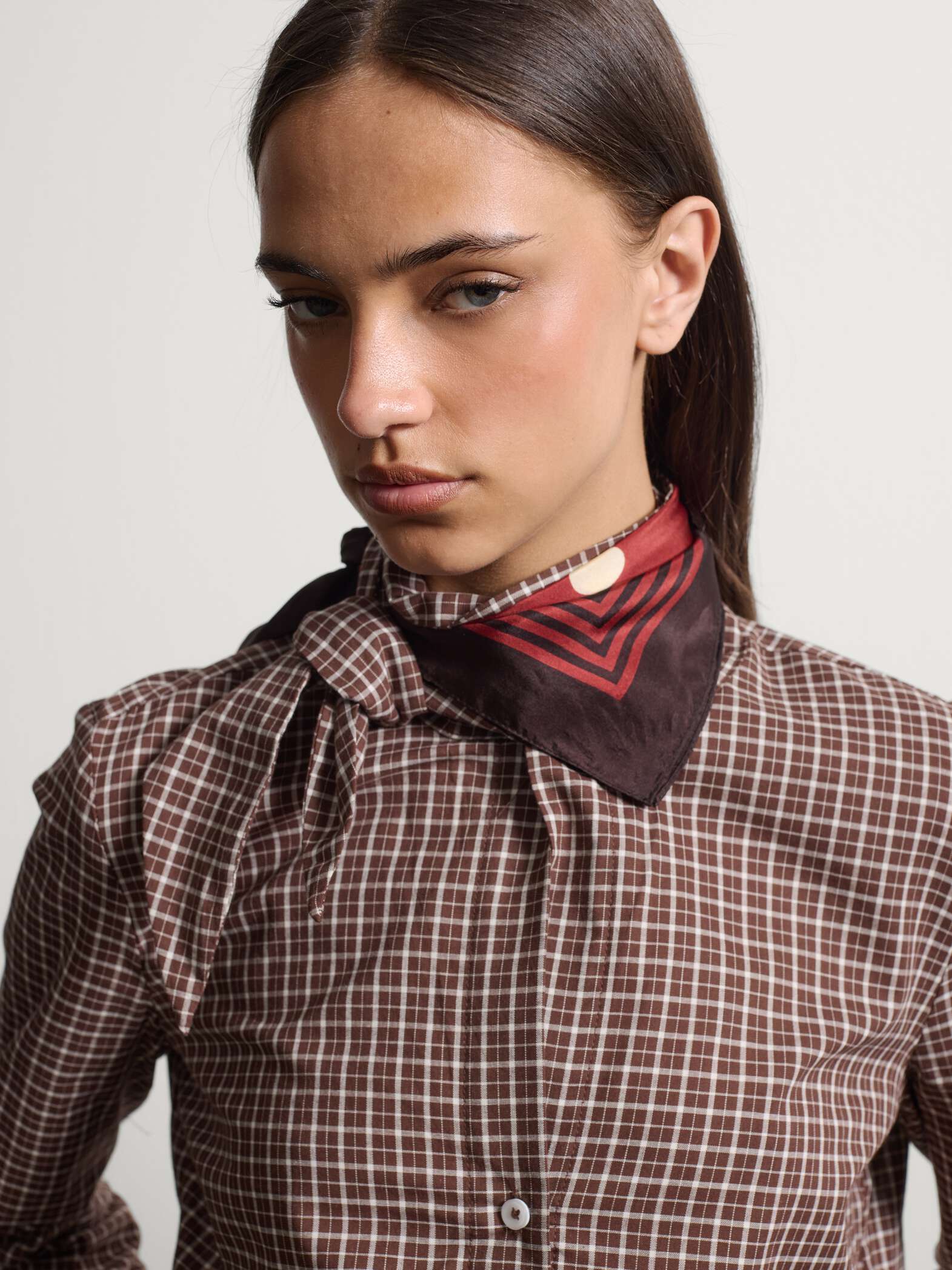 003571624_SD1 STEFANEL Pure cotton checked shirt with tie-neck, regular fit Brown - Image 1