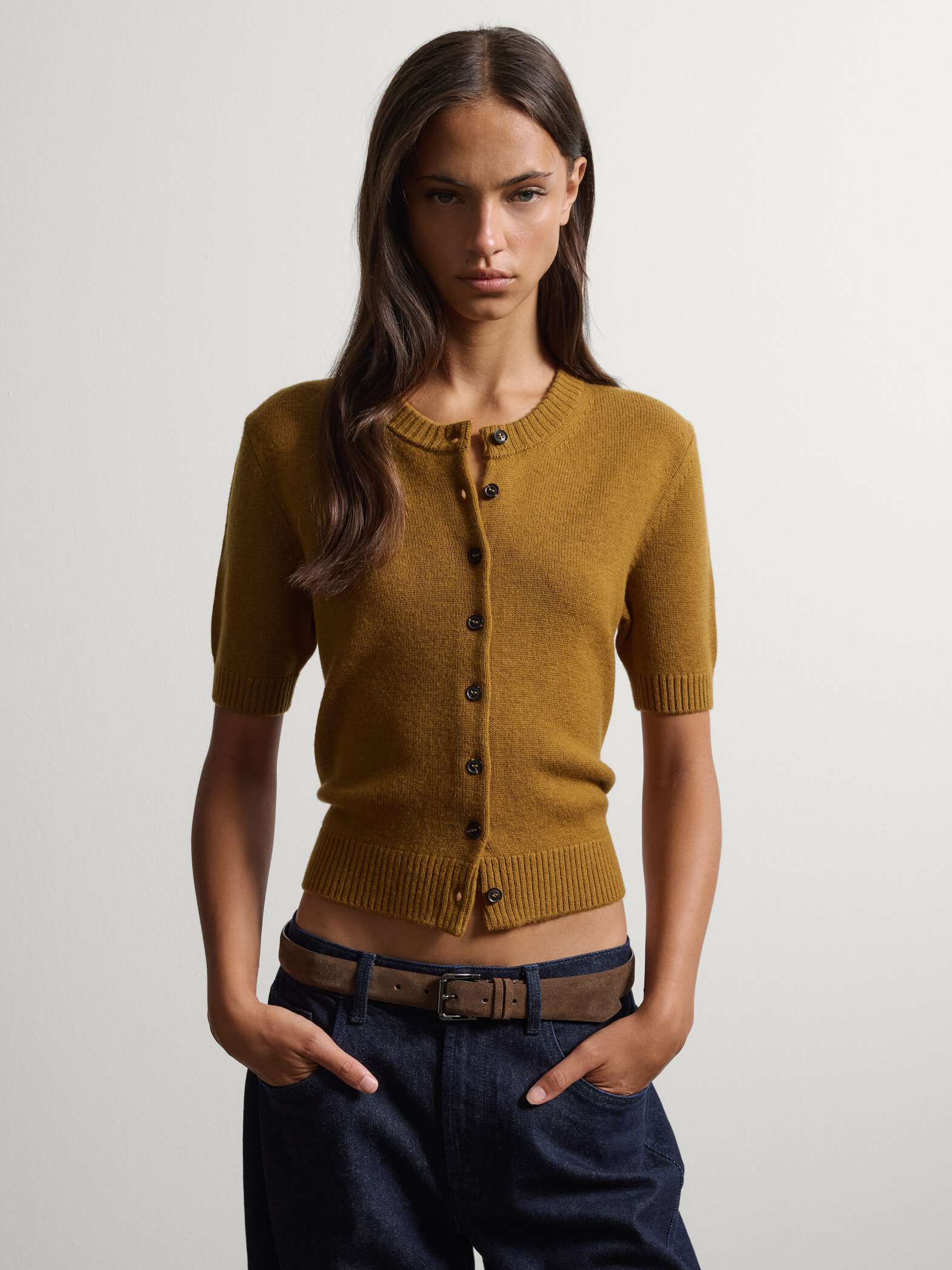 003571886_SF STEFANEL Pure wool crew-neck cardigan, regular fit Brown - Image 1