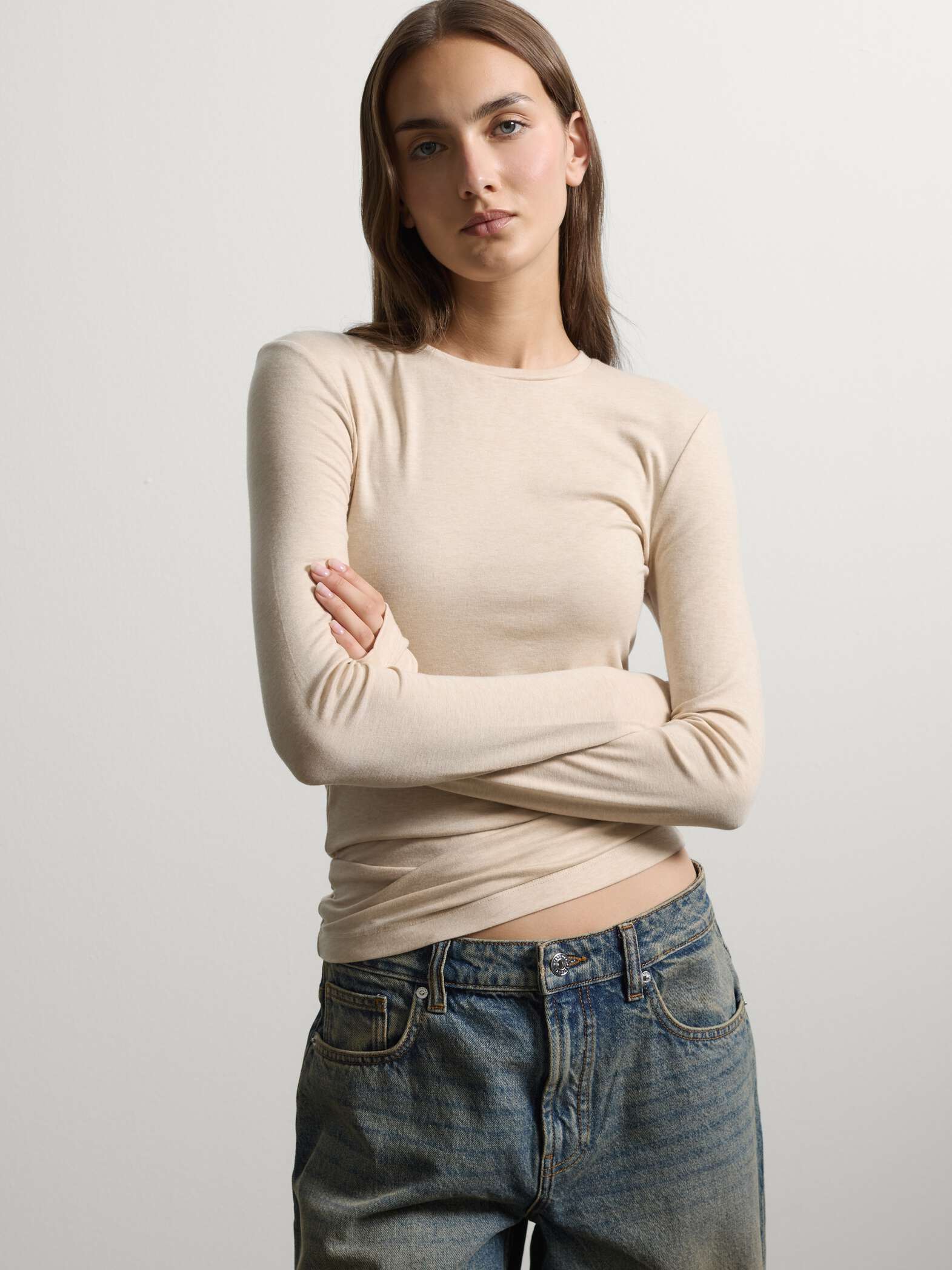 003572453_SF STEFANEL Lyocell and stretch wool crew-neck T-shirt, regular fit Beige - Image 1