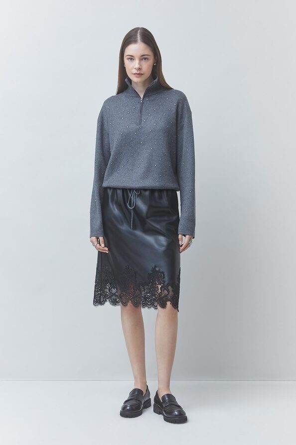 00W006049A SUNCOO FLOW Black faux leather skirt with lace details - Image 1