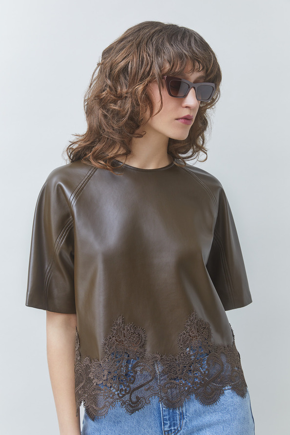 00W006084B SUNCOO Faux leather blouse with lace details Khaki - Image 1