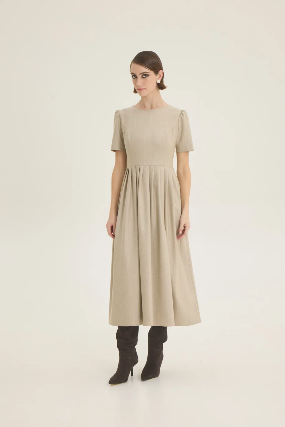 ChicardFW26-27215069 CHICARD Pleated midi dress Beige - Image 1
