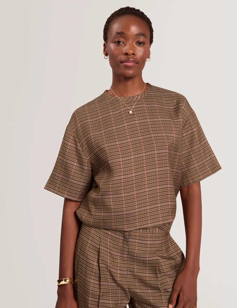 S285232_FLANNA_BEIGE_1_6809f91d-9bb8-468d-bd1c-97d8666f64cb TED BAKER Flanna Short Sleeve Check Print Shirt Beige - Image 1
