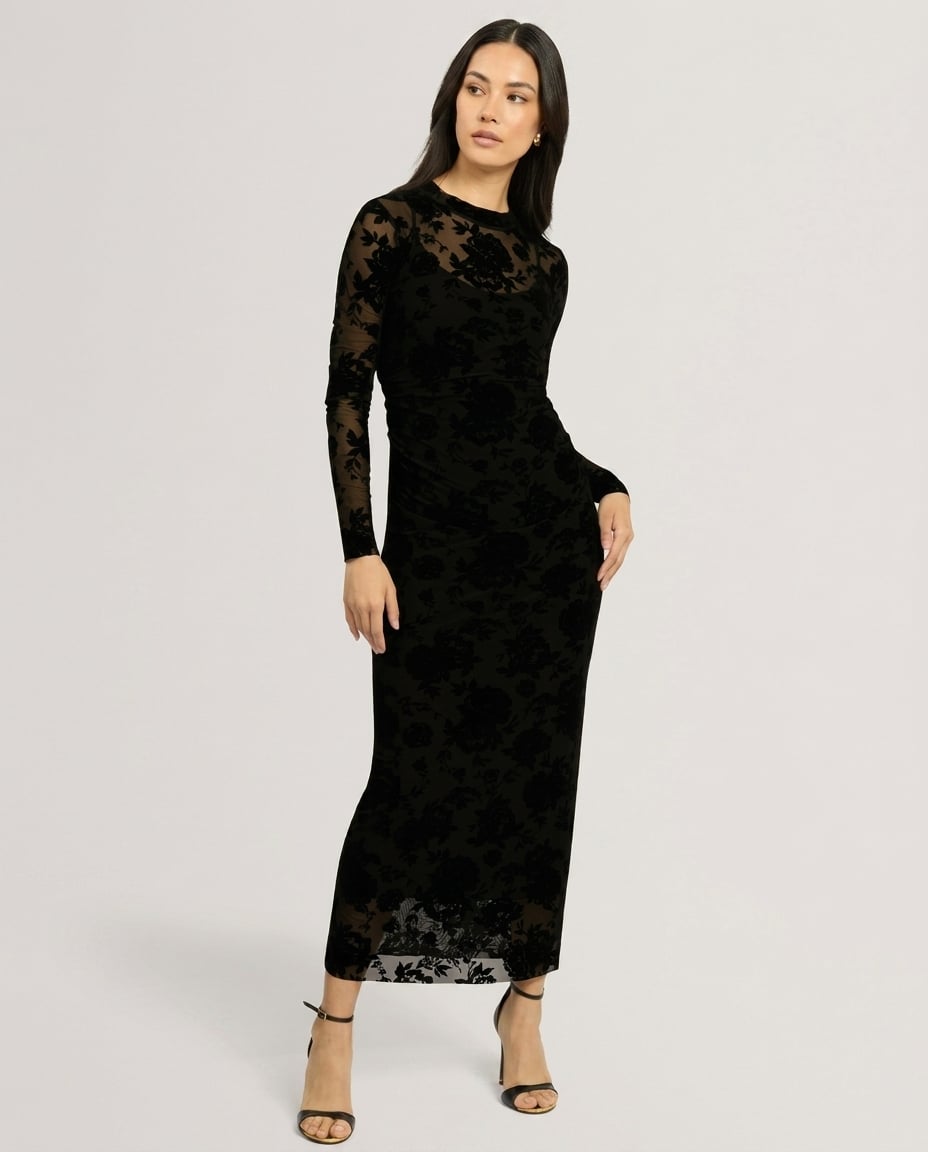 TED-BAKER-Dress-Cireya-Devore-Mesh-Long-Sleeve-Midi TED BAKER Cireya dress devore mesh long sleeve midi Black - Image 1