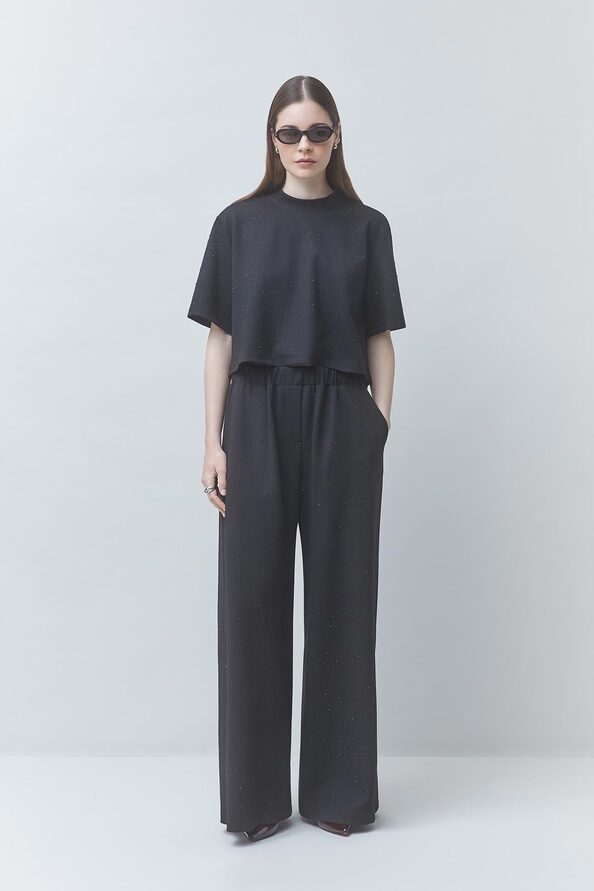 00W006027A SUNCOO JUKEBOX Wide-leg pants with black rhinestone details Black - Image 1